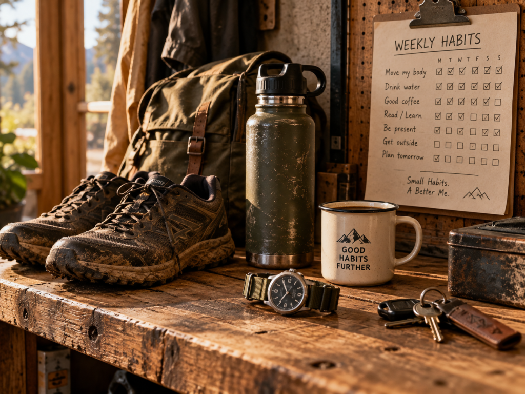 Rugged morning routine setup with running shoes, water bottle, watch, coffee and weekly habit checklist