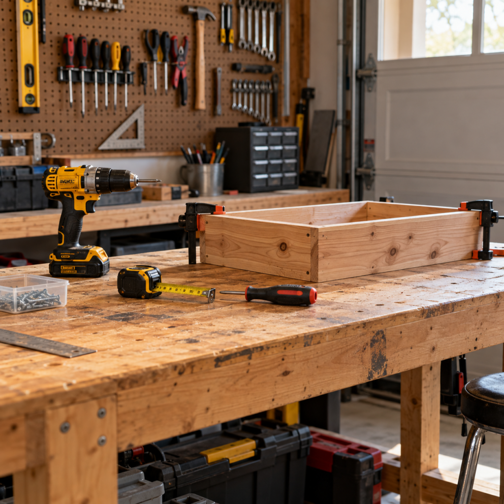 Garage workbench with power tools and a woodworking project